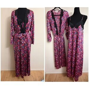Vanity Fair Vintage Pink Purple Floral Nightgown & Robe Set Lace Trim Large L